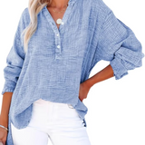Womens Casual Gauze Button Neck Long Sleeve Oversized