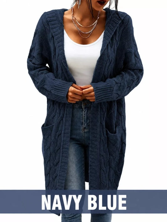 Women's Long Hooded Knit Cardigan with Pockets