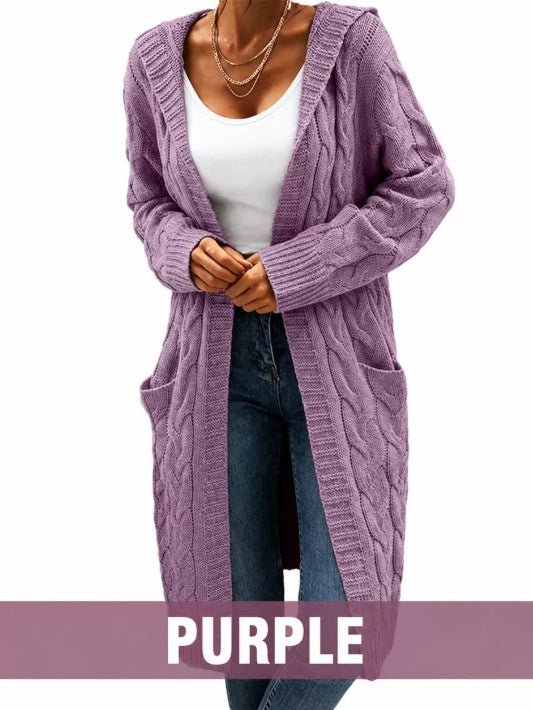 Women's Long Hooded Knit Cardigan with Pockets