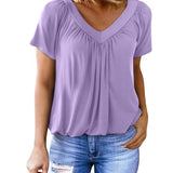 Women's Summer Short Sleeve V Neck T-Shirt - Loose Fit Casual Tops Comfy Shirring Pleated Blouse