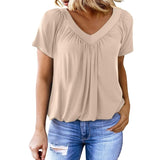 Women's Summer Short Sleeve V Neck T-Shirt - Loose Fit Casual Tops Comfy Shirring Pleated Blouse