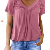 Women's Summer Short Sleeve V Neck T-Shirt - Loose Fit Casual Tops Comfy Shirring Pleated Blouse