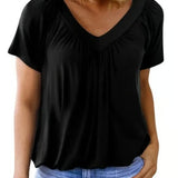 Women's Summer Short Sleeve V Neck T-Shirt - Loose Fit Casual Tops Comfy Shirring Pleated Blouse