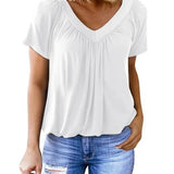Women's Summer Short Sleeve V Neck T-Shirt - Loose Fit Casual Tops Comfy Shirring Pleated Blouse