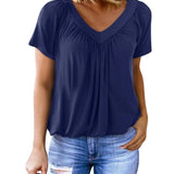Women's Summer Short Sleeve V Neck T-Shirt - Loose Fit Casual Tops Comfy Shirring Pleated Blouse