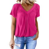 Women's Summer Short Sleeve V Neck T-Shirt - Loose Fit Casual Tops Comfy Shirring Pleated Blouse