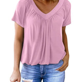 Women's Summer Short Sleeve V Neck T-Shirt - Loose Fit Casual Tops Comfy Shirring Pleated Blouse