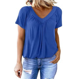 Women's Summer Short Sleeve V Neck T-Shirt - Loose Fit Casual Tops Comfy Shirring Pleated Blouse
