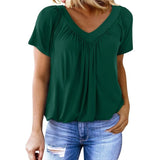 Women's Summer Short Sleeve V Neck T-Shirt - Loose Fit Casual Tops Comfy Shirring Pleated Blouse