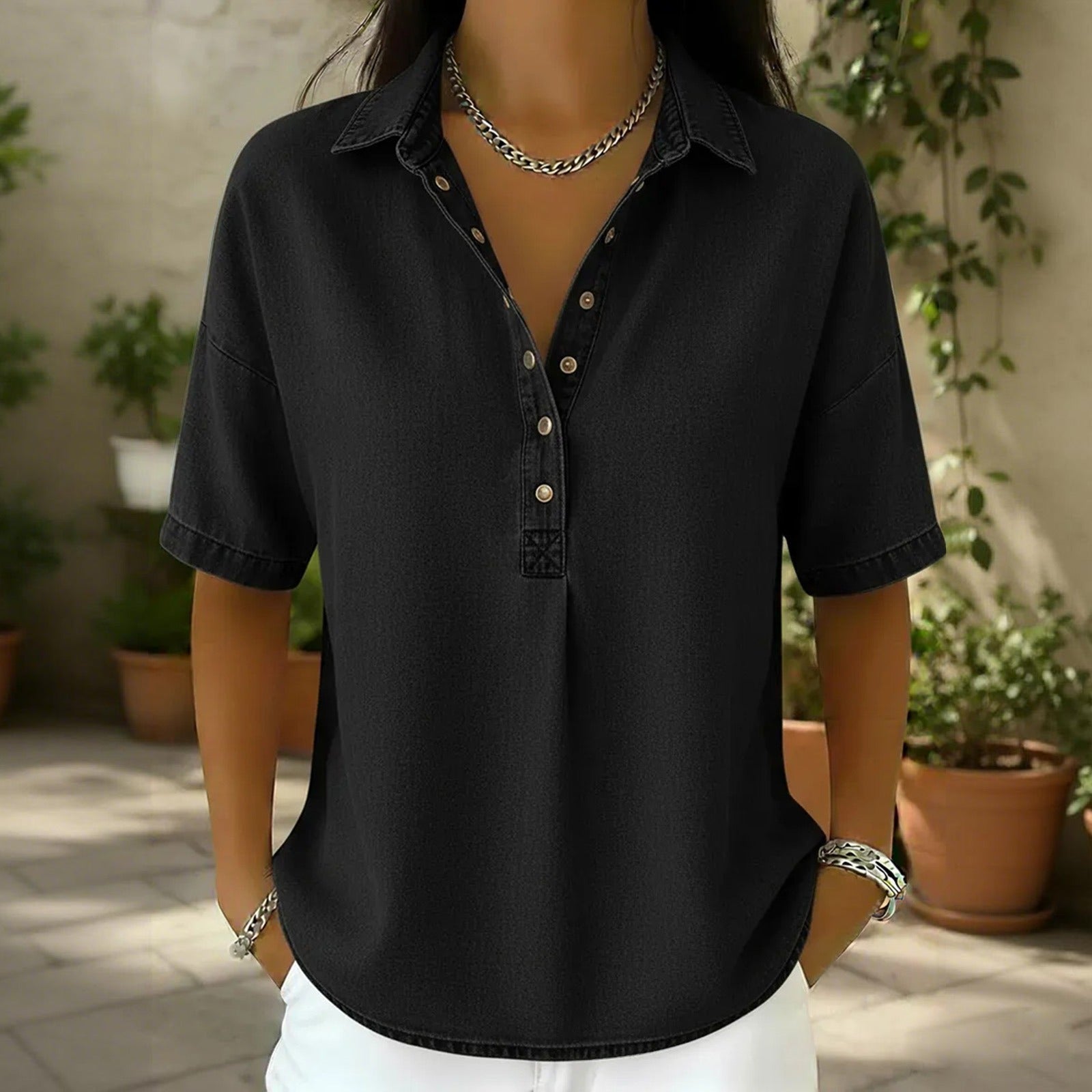 Slouchy Button-Detail Denim Top