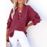 Womens Casual Gauze Button Neck Long Sleeve Oversized