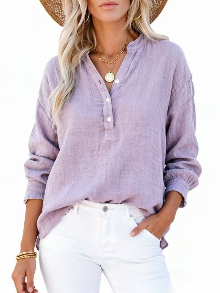 Womens Casual Gauze Button Neck Long Sleeve Oversized