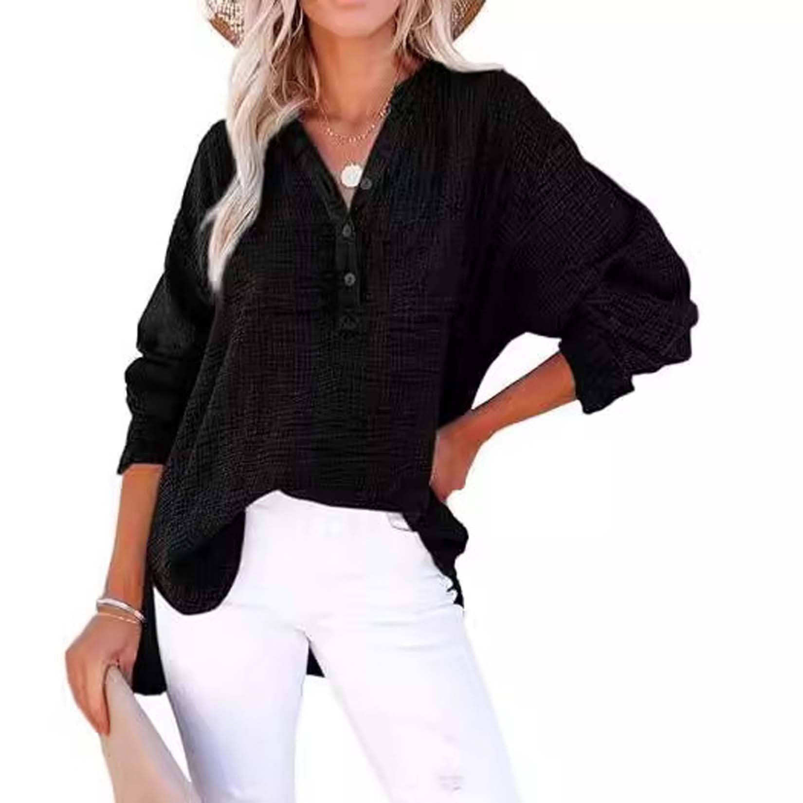 Womens Casual Gauze Button Neck Long Sleeve Oversized