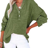 Womens Casual Gauze Button Neck Long Sleeve Oversized