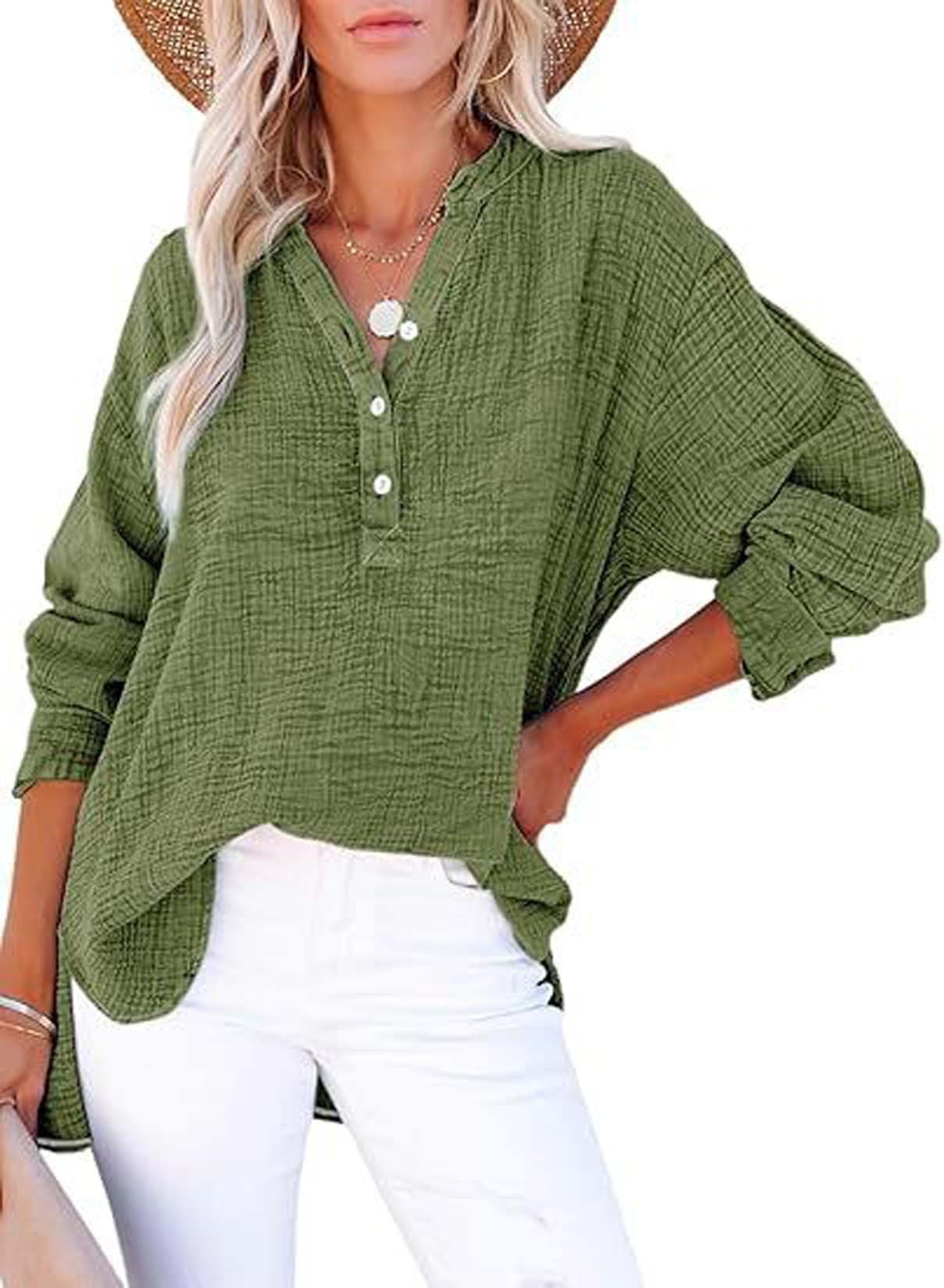 Womens Casual Gauze Button Neck Long Sleeve Oversized
