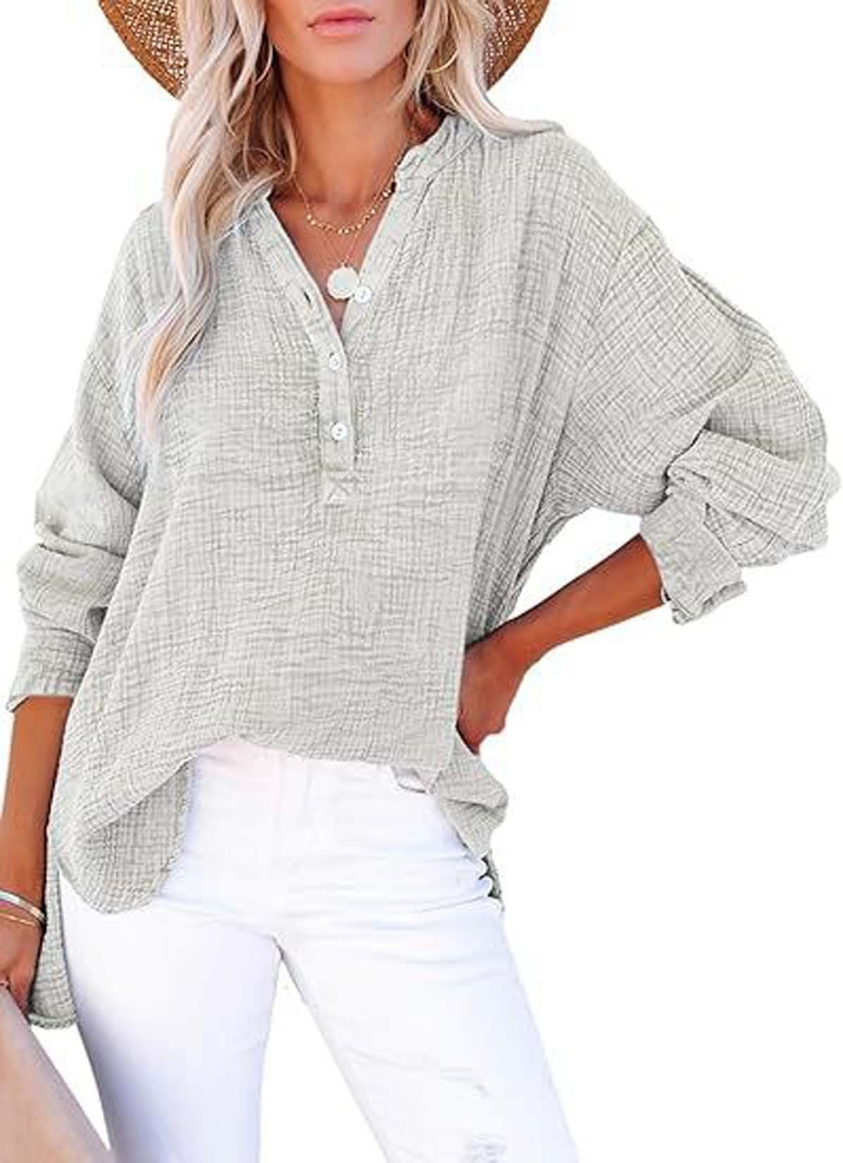 Womens Casual Gauze Button Neck Long Sleeve Oversized