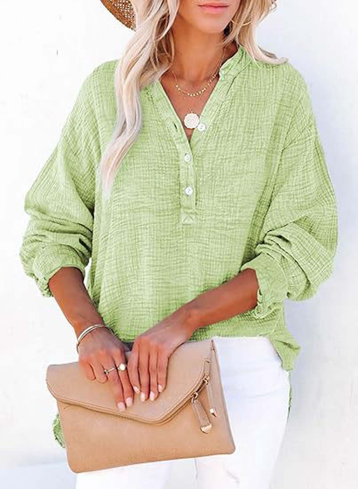 Womens Casual Gauze Button Neck Long Sleeve Oversized