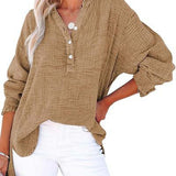 Womens Casual Gauze Button Neck Long Sleeve Oversized
