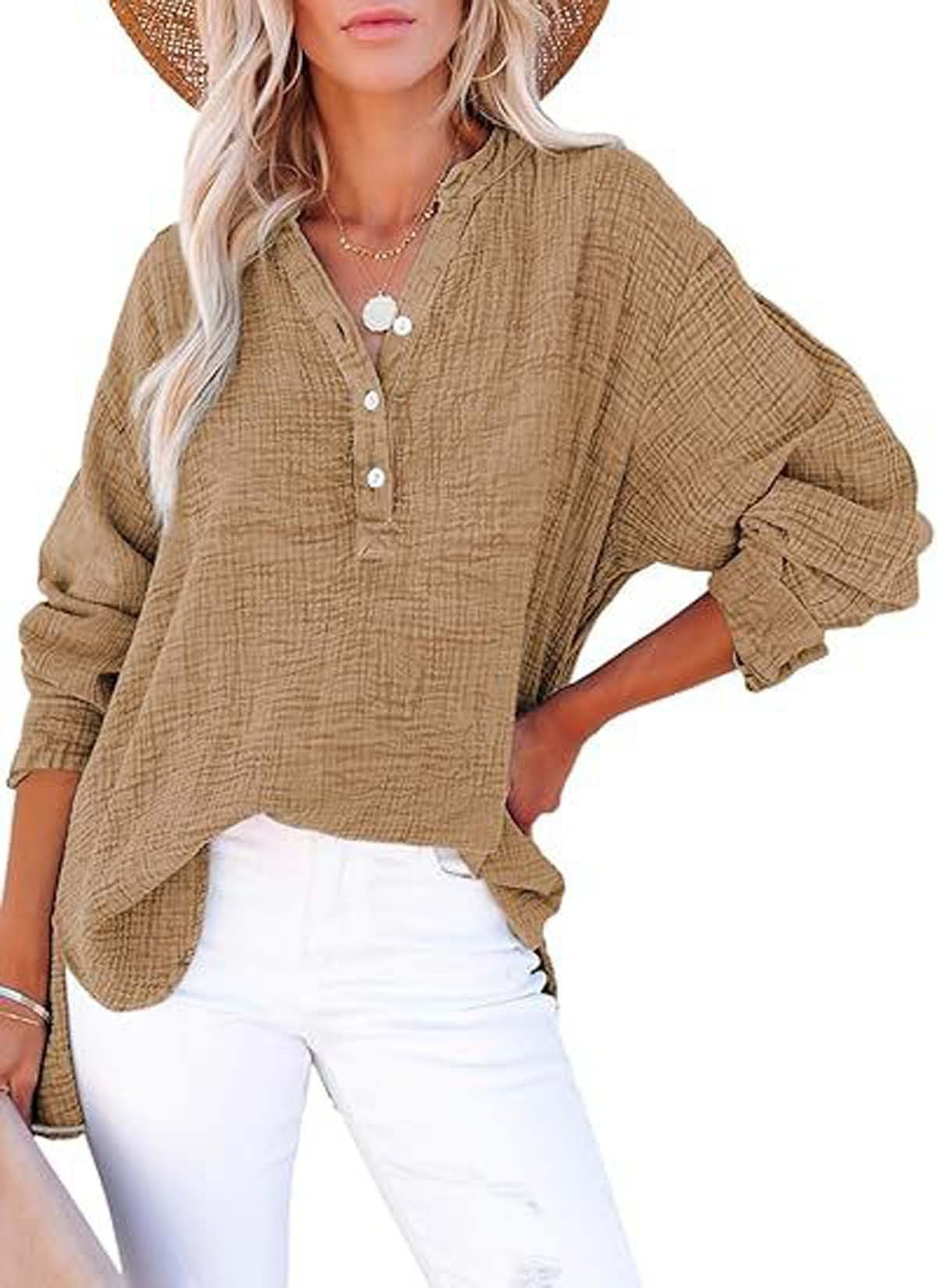 Womens Casual Gauze Button Neck Long Sleeve Oversized