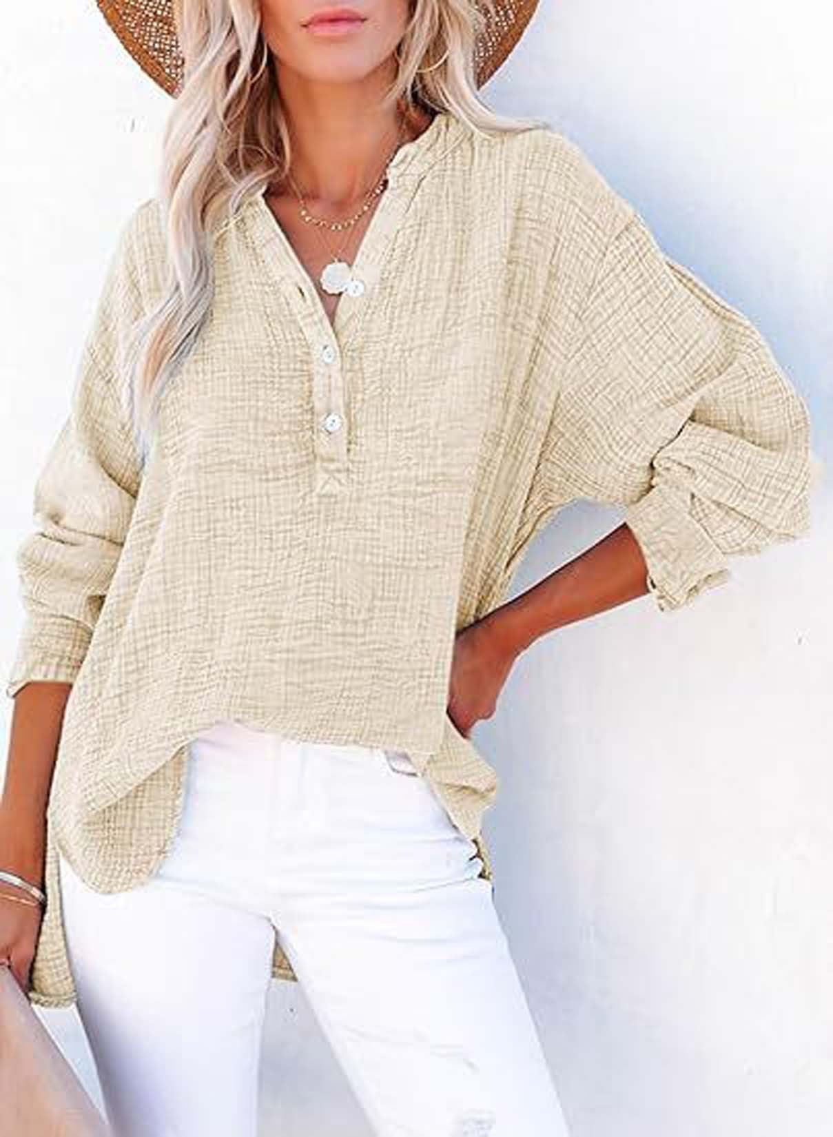 Womens Casual Gauze Button Neck Long Sleeve Oversized