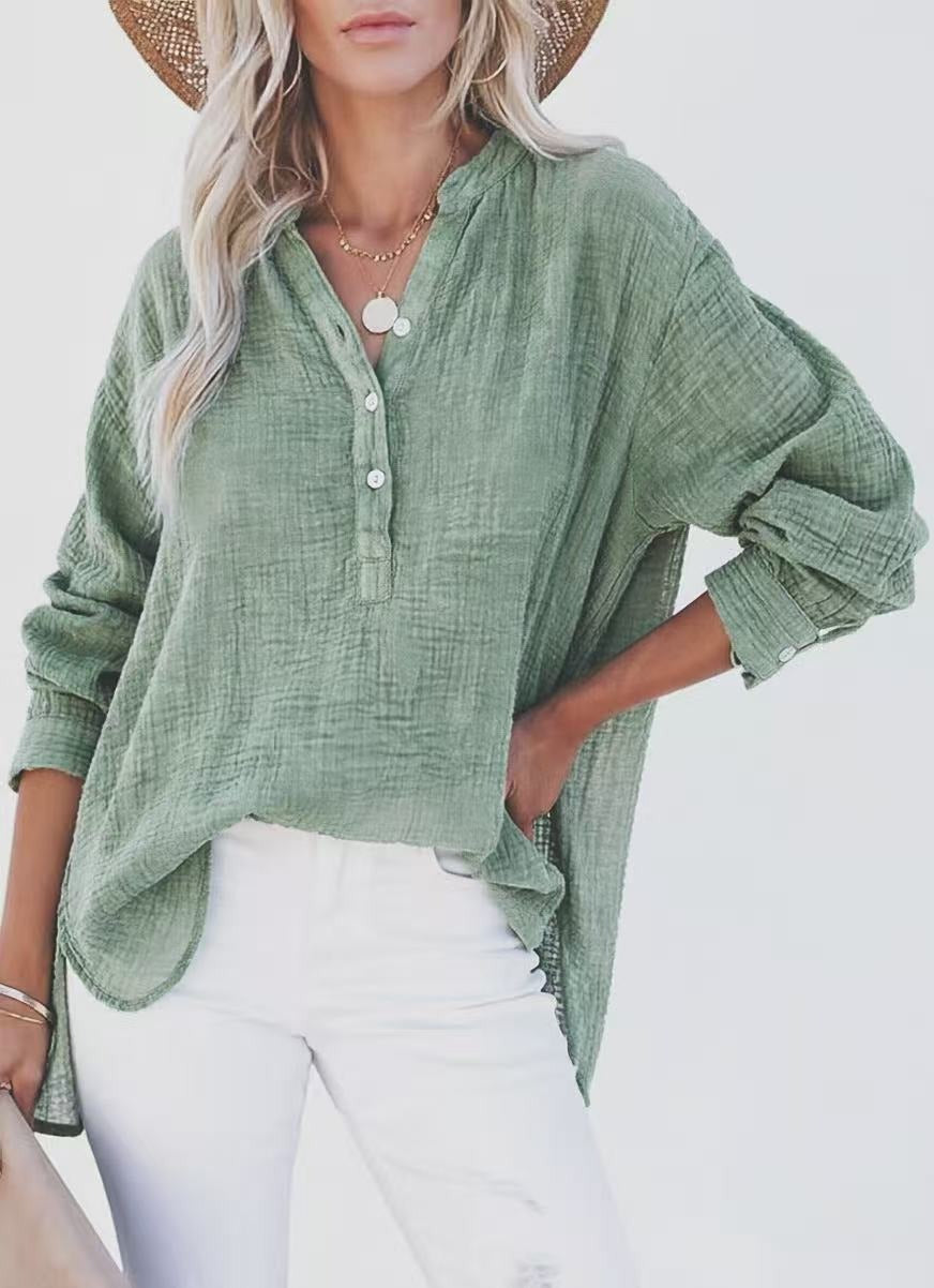 Womens Casual Gauze Button Neck Long Sleeve Oversized