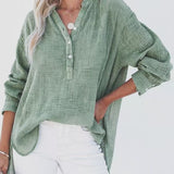 Womens Casual Gauze Button Neck Long Sleeve Oversized