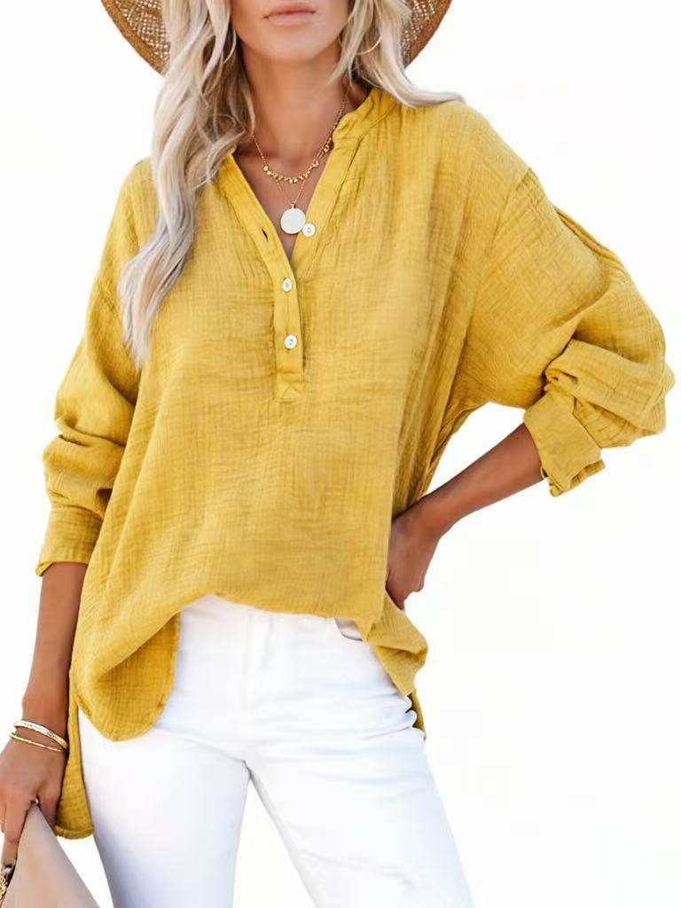 Womens Casual Gauze Button Neck Long Sleeve Oversized