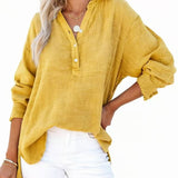 Womens Casual Gauze Button Neck Long Sleeve Oversized