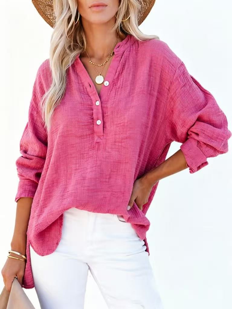 Womens Casual Gauze Button Neck Long Sleeve Oversized
