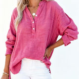 Womens Casual Gauze Button Neck Long Sleeve Oversized