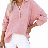 Womens Casual Gauze Button Neck Long Sleeve Oversized
