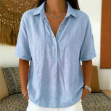 Summer Casual Cotton Linen Henley Shirt - Trendy 3/4 Sleeve Gauze Tunic Blouse for Wome