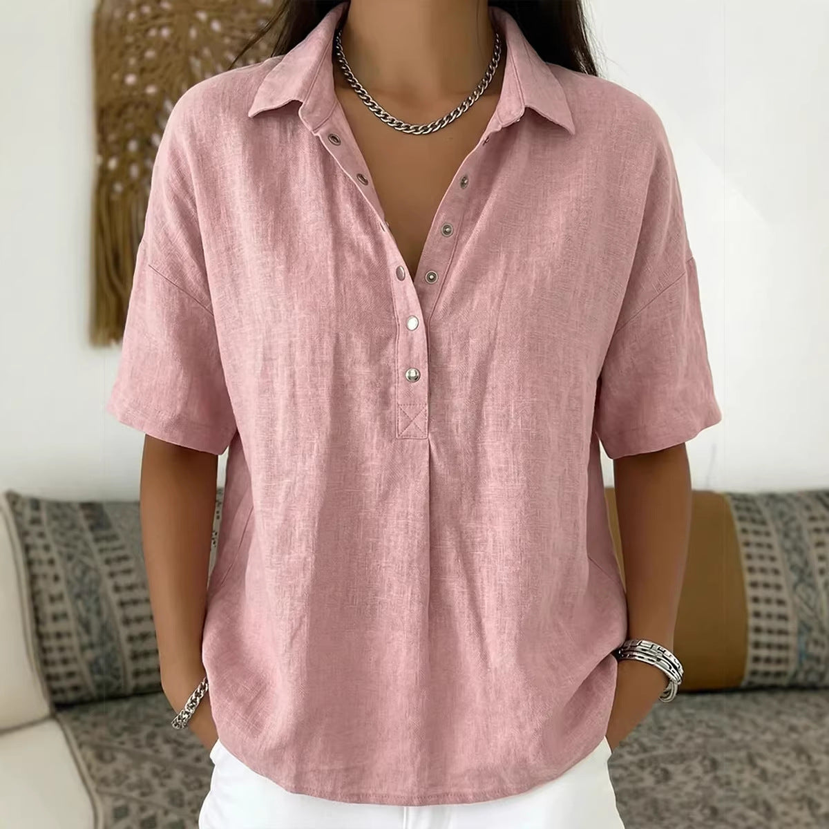Summer Casual Cotton Linen Henley Shirt - Trendy 3/4 Sleeve Gauze Tunic Blouse for Wome