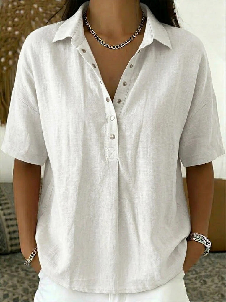 Summer Casual Cotton Linen Henley Shirt - Trendy 3/4 Sleeve Gauze Tunic Blouse for Wome