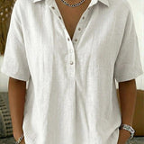 Summer Casual Cotton Linen Henley Shirt - Trendy 3/4 Sleeve Gauze Tunic Blouse for Wome