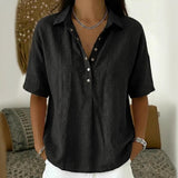 Summer Casual Cotton Linen Henley Shirt - Trendy 3/4 Sleeve Gauze Tunic Blouse for Wome