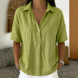 Summer Casual Cotton Linen Henley Shirt - Trendy 3/4 Sleeve Gauze Tunic Blouse for Wome