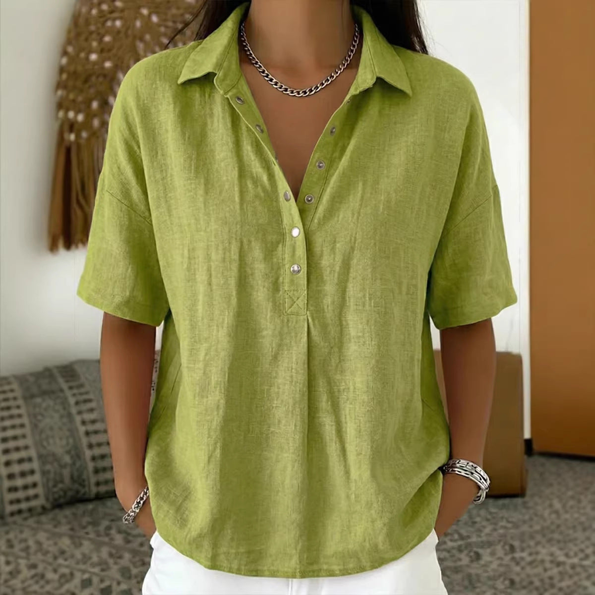 Summer Casual Cotton Linen Henley Shirt - Trendy 3/4 Sleeve Gauze Tunic Blouse for Wome
