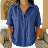 Summer Casual Cotton Linen Henley Shirt - Trendy 3/4 Sleeve Gauze Tunic Blouse for Wome