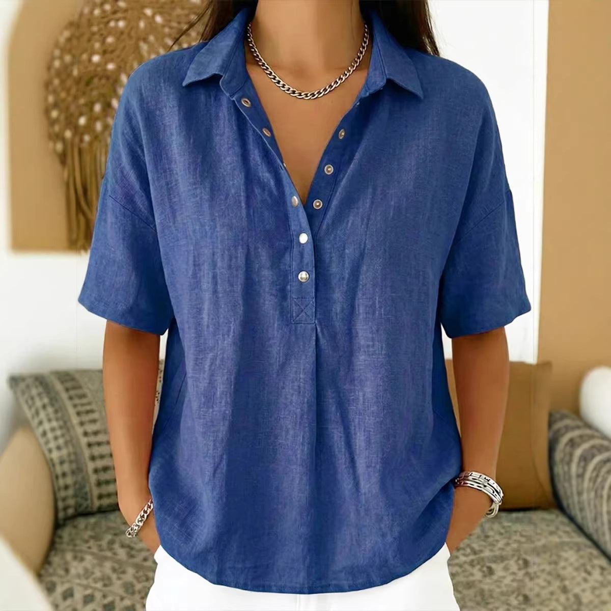 Summer Casual Cotton Linen Henley Shirt - Trendy 3/4 Sleeve Gauze Tunic Blouse for Wome