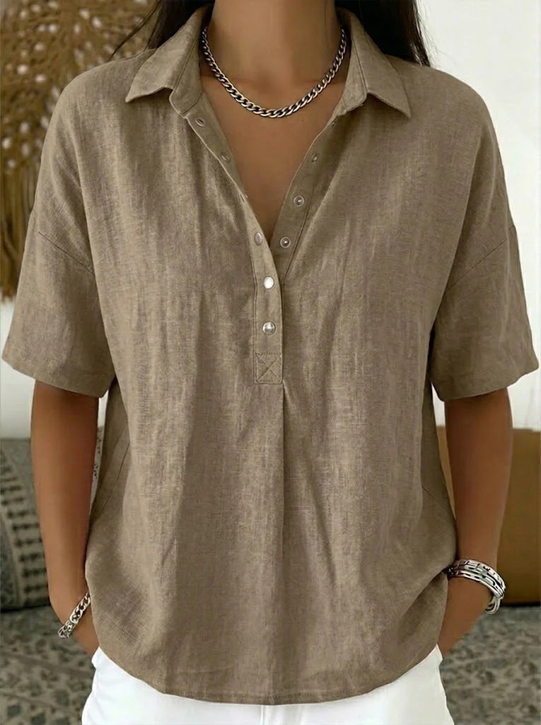Summer Casual Cotton Linen Henley Shirt - Trendy 3/4 Sleeve Gauze Tunic Blouse for Wome