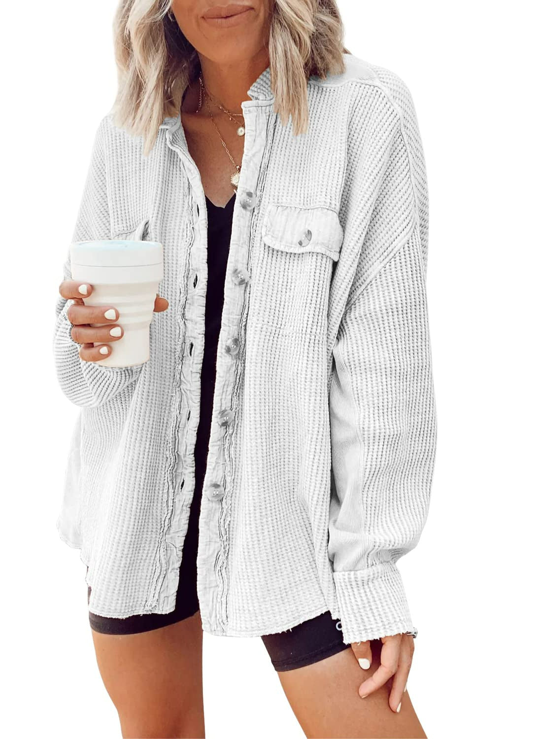 [2026 Trend] Women's Loose Batwing Waffle Knit Button-Up Shacket