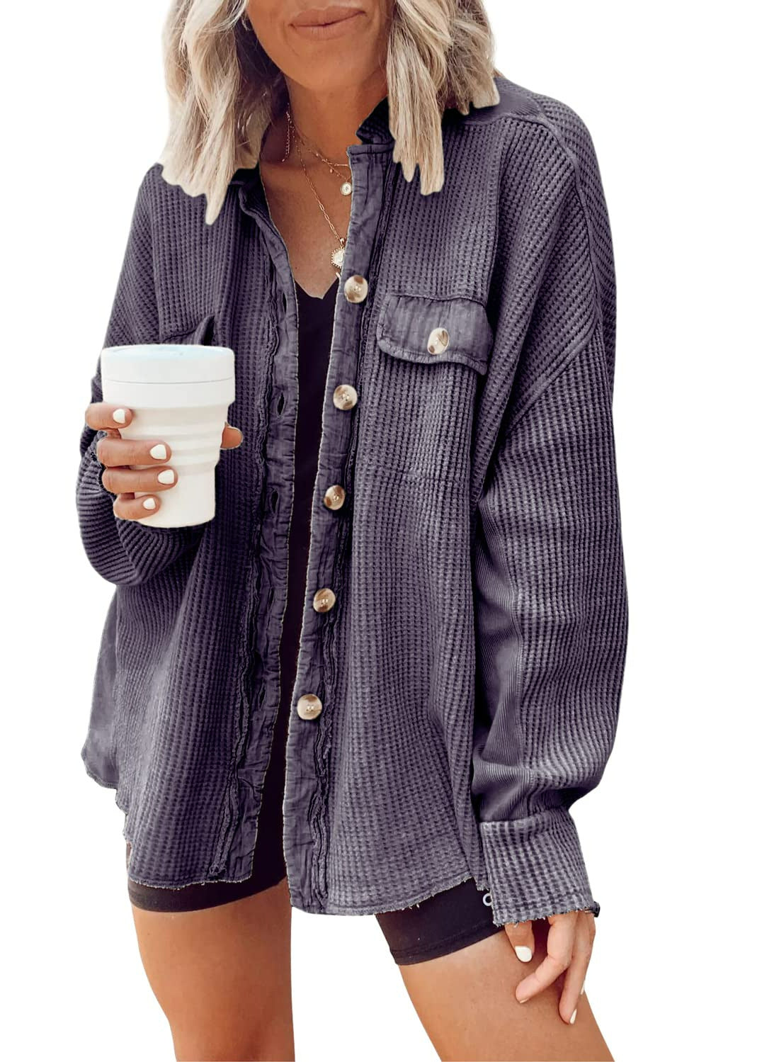 [2026 Trend] Women's Loose Batwing Waffle Knit Button-Up Shacket