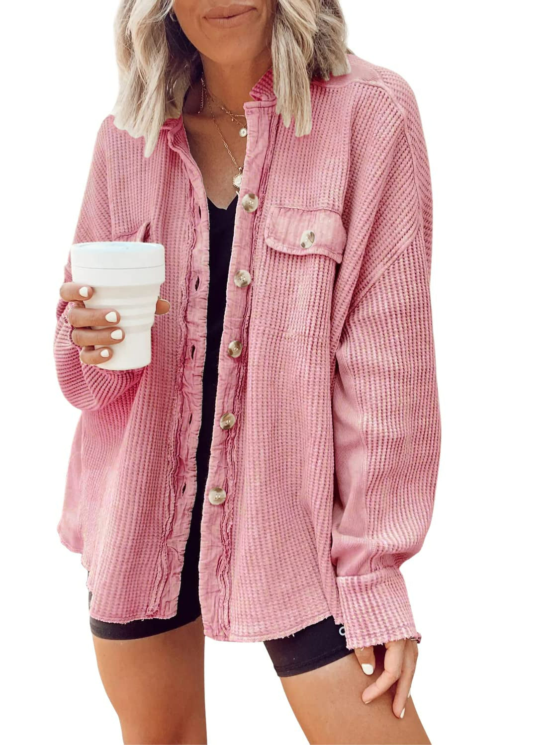 [2026 Trend] Women's Loose Batwing Waffle Knit Button-Up Shacket