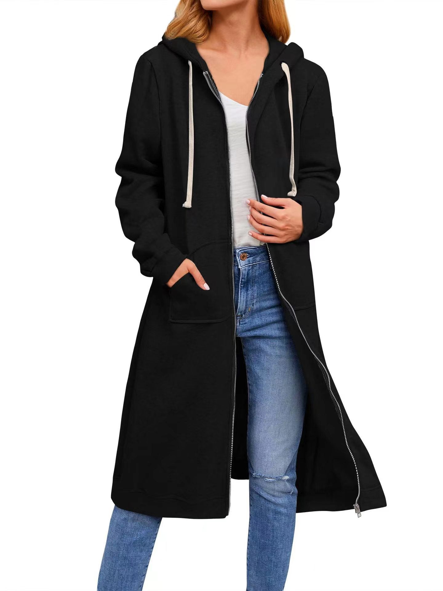 Women Casual Fleece Long Hoodies with Pockets Tunic Sweatshirt Outerwear Jacket