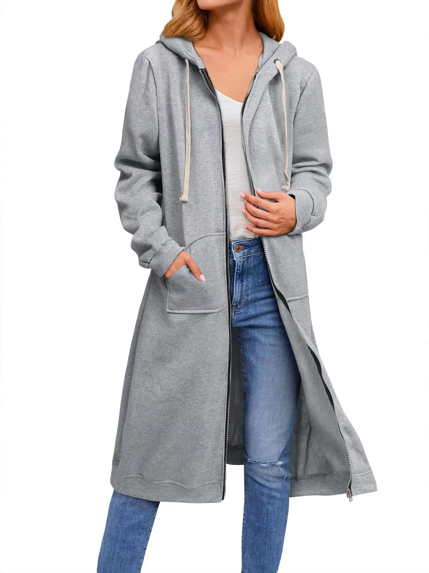 Women Casual Fleece Long Hoodies with Pockets Tunic Sweatshirt Outerwear Jacket