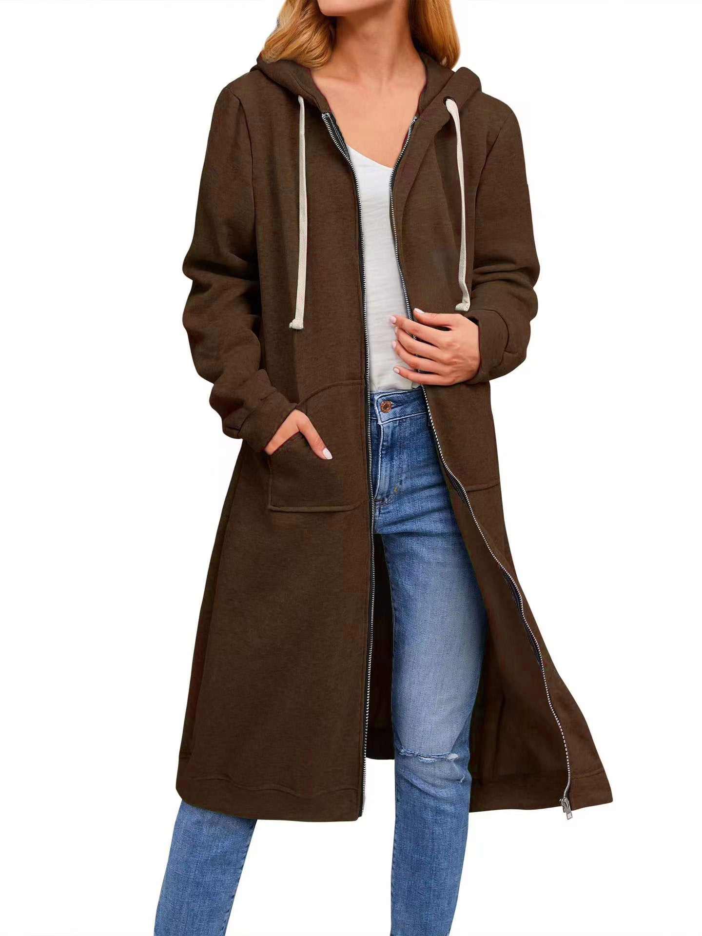 Women Casual Fleece Long Hoodies with Pockets Tunic Sweatshirt Outerwear Jacket