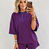 Women's Striped 2-Piece Short Set – Drop Shoulder T-Shirt + Shorts