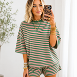 Women's Striped 2-Piece Short Set – Drop Shoulder T-Shirt + Shorts