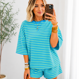 Women's Striped 2-Piece Short Set – Drop Shoulder T-Shirt + Shorts